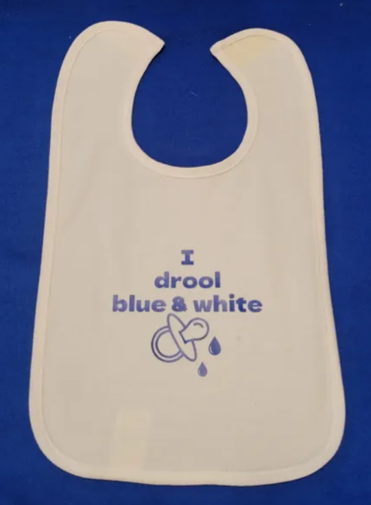 I drool blue & white bib